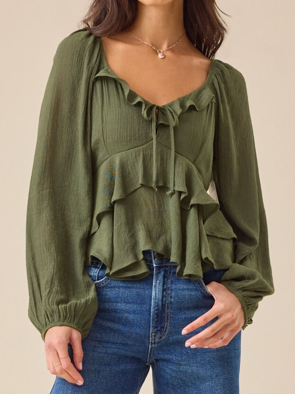 NWT Altar’d State olive green Polly ruffle babydoll tie front boho top size XL